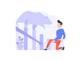 business finance man attacked bear profit loss decrease graph chart arrow financial down income  people character flat design style Vector Illustration 