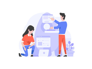 Business startup developer doing rocket launch date development setting people character flat design style Vector Illustration 