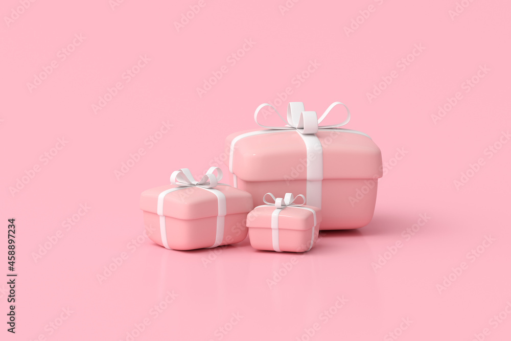 Poster 3d rendering of gift boxes on pink background.
