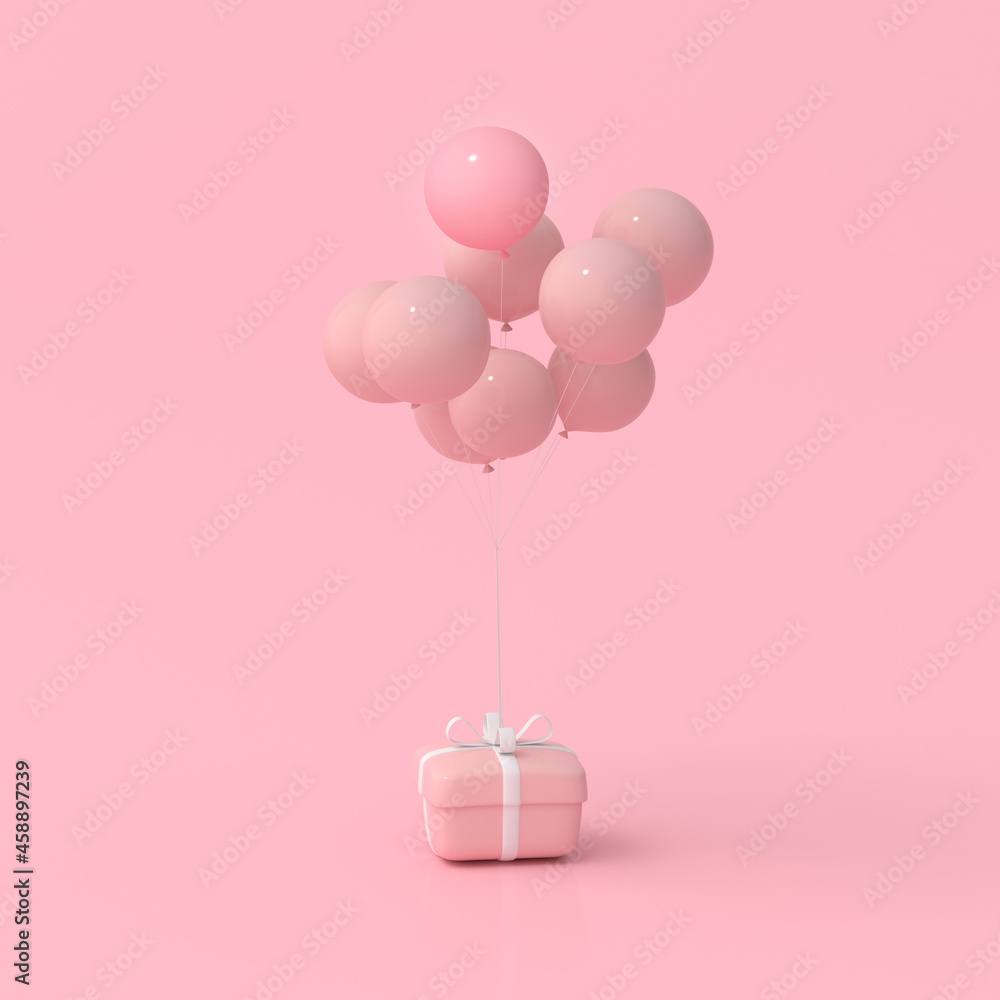 Poster 3d rendering of gift box and balloons. minimal concept.