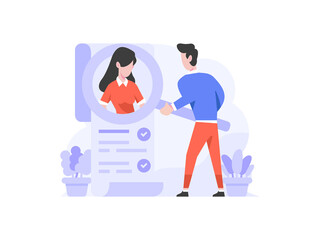 Business Finance man employer doing Searching employee worker announcement magnifying glass people character flat design style Vector Illustration 