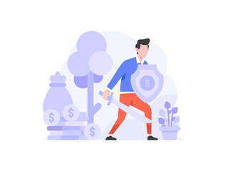 Vector Illustration Business finance man protection protect money from cyber shielding defending safe internet people character flat design style