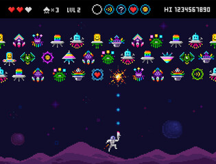 Pixel Art 8 bit space arcade game with monsters, ufo aliens, space ships, rockets. Vintage style colorful 8 bit computer game. Pixelated Space arcade shooter template vector illustration © VRTX