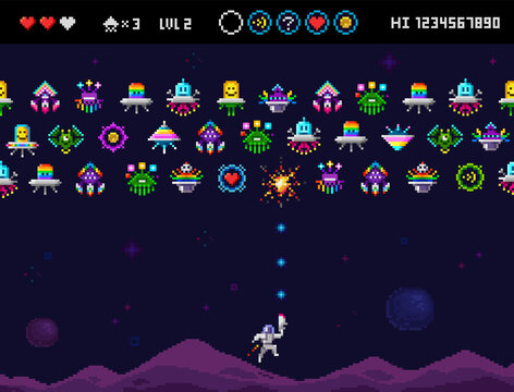 Pixel Art 8 bit space arcade game with monsters, ufo aliens, space ships, rockets. Vintage style colorful 8 bit computer game. Pixelated Space arcade shooter template vector illustration