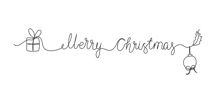 Trendy continuous one line text - Merry Christmas decorated with gift box and glass ball illustrations. Black mono line vector calligraphy isolated on white background.