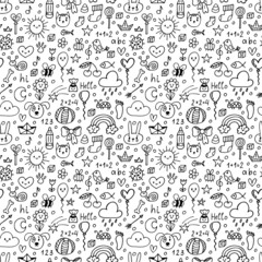 Background for cute little kids. Hand darwn seamless pattern. Children drawings. Doodle background
