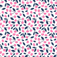 Cute seamless pattern with cherry. Sweet ripe juicy cherries isolated on white background. Textile, wrapping, nursery wallpapers