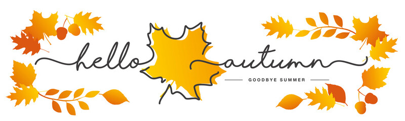 Hello Autumn goodbye summer handwritten line design typography calligraphy vintage autumn leafs isolated on white background