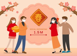 Chinese New Year greetings with friends and family, medical masks and social distancing, cartoon comic vector, text translation: spring