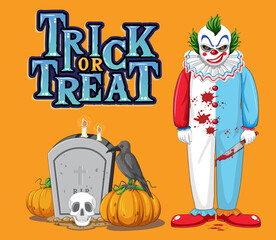 Trick or Treat text design with creepy clown