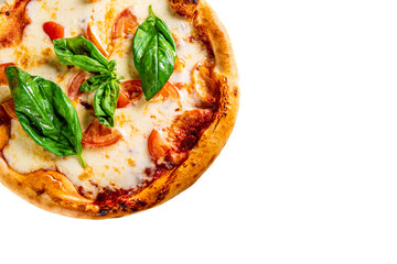 Pizza with Mozzarella cheese, Tomatoes, pepper, Spices. Italian pizza. Pizza Margherita or Margarita isolated on white background