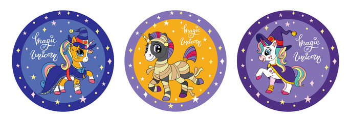 Cute cartoon Halloween unicorns set circle vector illustration