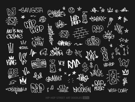 Hip-Hop graffiti doodle set and street art tags vector elements collection. Rap and hip-hop grunge elements for pattern and tee print design