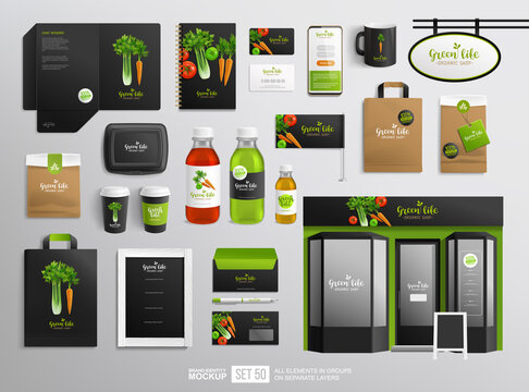 Branding identity Mock-Up set of Vegetables logo and stationary for Vegan Cafe, restaurant and natural organic food shop. Logo template with vector Vegetables. Branding mockup food package