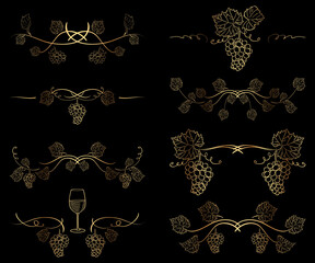 golden dividers with grape branches - decorative vector design elements