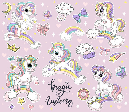 Set of cute cartoon unicorns on a rainbow vector