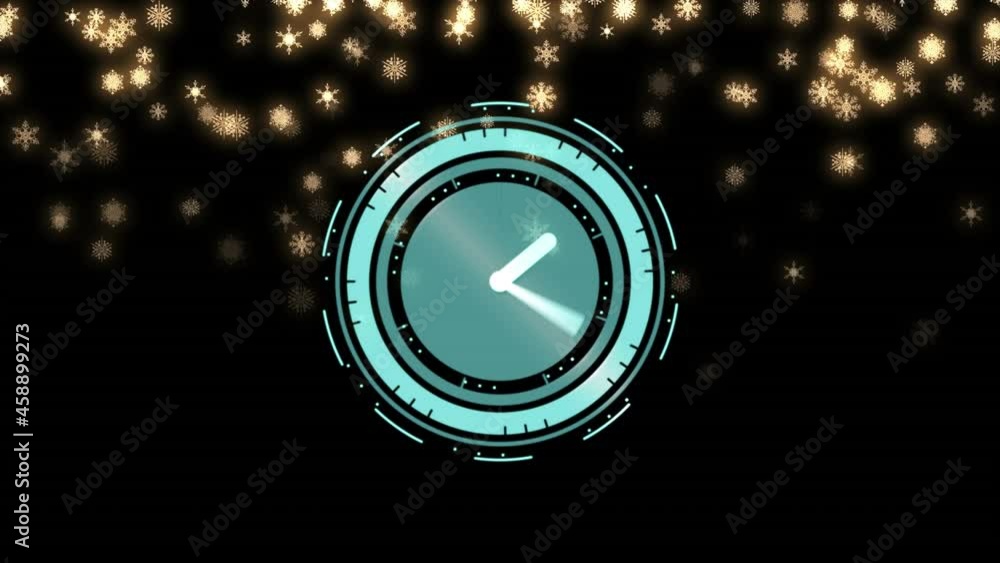 Poster Animation of clock with moving hands and snowflakes on black background