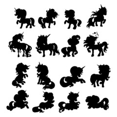 Set of black silhouettes of unicorns vector illustration