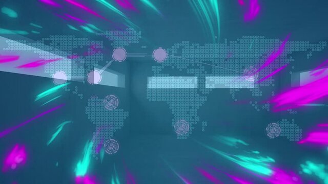 Animation of lights, colorful smudges over wold map on green background