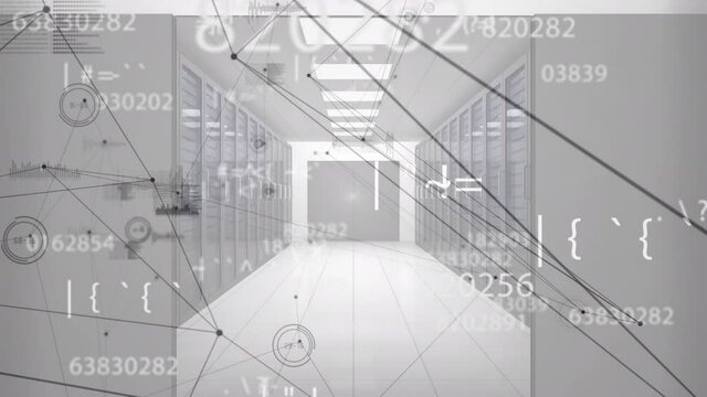 Animation of increasing numbers and moving lines over office corridor