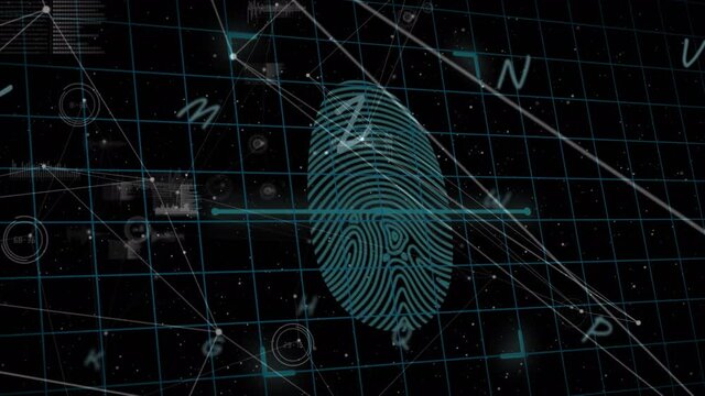 Animation of letters and fingerprint and padlocks over black background