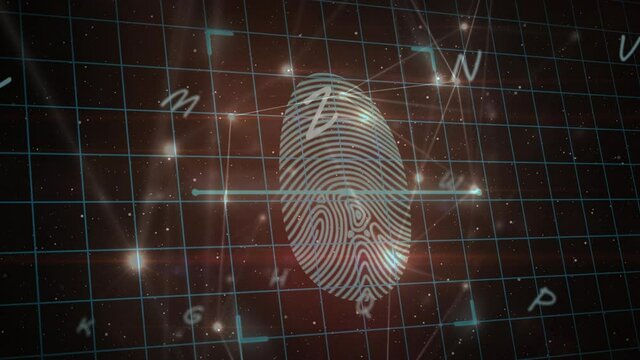 Animation of letters, padlocks and scanning fingerprints on black background