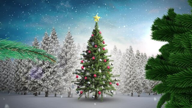 Animation of snow falling over christmas tree in winter landscape