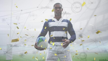 Animation of confetti and network of connections over african american rugby player - Powered by Adobe
