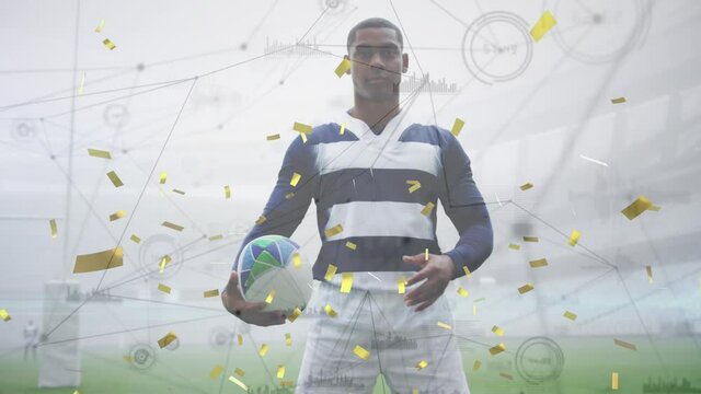 Animation of confetti and network of connections over african american rugby player