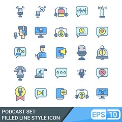 Fototapeta na wymiar podcast icons set. vector illustration in filled line style. EPS 10