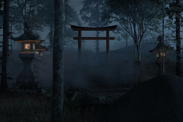 3d rendering of an old japanese shrine with torii gate and stone lantern at night - obrazy, fototapety, plakaty
