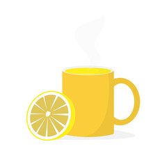 Yellow mug with drink and lemon vector isolated on white.