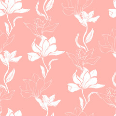 Fototapeta na wymiar Floral pink pattern with white flowers of lilies and magnolia. Vector floral gentle seamless pattern for fabric, wallpaper and paper for decoration.