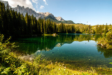 Carezza lake in front of Latemar, Lago di Carezza, Carezza, Dolomites, Trentino Province, Province of South Tyrol, August 2021, Italy