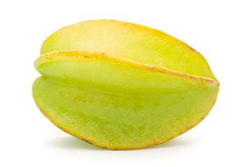 Detailed closeup of organic green fresh fruit carambola (Averrhoa carambola), isolated over white background