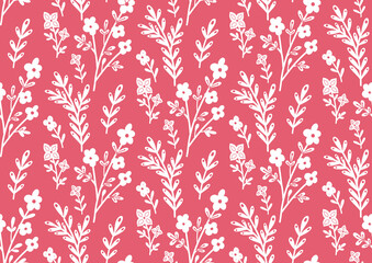 Seamless monochrome pattern with white contour of flowers and branches on pink background. Silhouettes of stems with flowers and foliage. Vector delicate floral texture with print of sakura