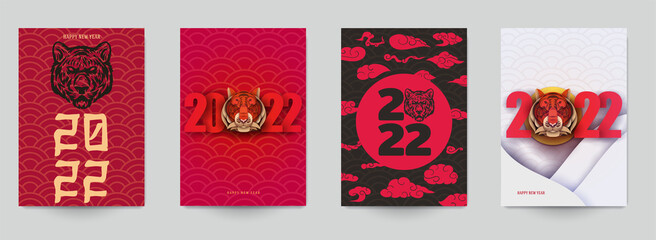 Happy Chinese new year 2022. Collection abstract design background with tiger head in modern minimal style. Set of templates for banner, cover, poster, card. Vector illustration.