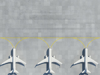 Aircrafts standing in row on the concrete runway. Overhead view with copy space. 3d render.
