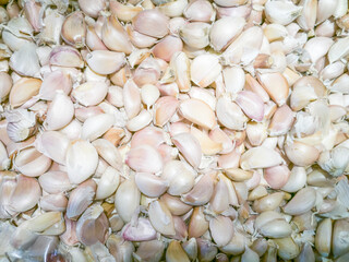 High angle view. Heap of garlic (Allium sativum), ingredients and spices, herbs of food.