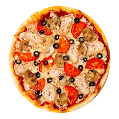 Isolated chicken pizza with mushrooms on white background