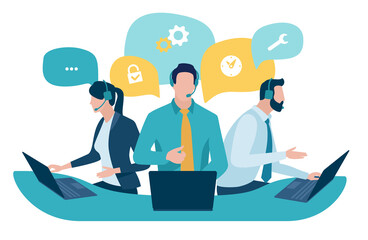 Call center. Customer service, hotline operators with headsets. Online technical support 24 h, Vector illustration. - obrazy, fototapety, plakaty