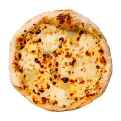 Isolated fresh baked cheese pizza on white background