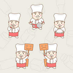 Design element vector of cute male head chef cartoon character in various actions, Professional cook, Chief cook, Happy cooking, Cute cartoon hand drawn style.