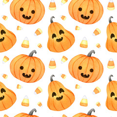 Halloween Seamless Pattern with Cute Jack O Lantern and Candy Corn, Spooky Hand Painted Watercolor Repeat Pattern, Digital Paper for Scrapbooking, Gift Wrapping, Party Decoration.