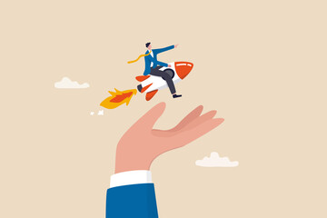 Venture capital to funding startup company, help or financial support entrepreneur or small company to launch project concept, confident businessman riding launching company rocket in supporter hand.