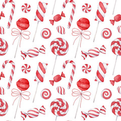 watercolor christmas pattern with holiday candy and lollipops. illustrated repeatable digital paper for packaging, wallpaper, background, textile, printing, scrapbooking, crafting decorating and more.