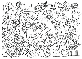 Business idea and business plan. Hand drawn vector doodle elements illustration.