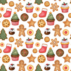 Watercolor Christmas digital paper with cupcakes, gingerbread man and other cookies. Repeatable seamless pattern for fabric, textile, wallpaper, allover print, gift wrap, packing and more.