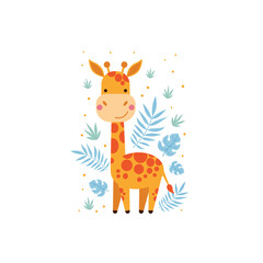 Illustration of cute giraffe and tropical leaves. - 458902658