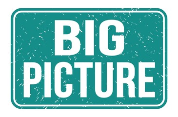 BIG PICTURE, words on blue rectangle stamp sign